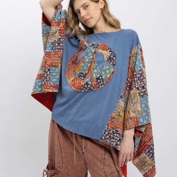 Boho Floral Print Peace Kantha Patchwork Poncho Top - Picture 1 of 7